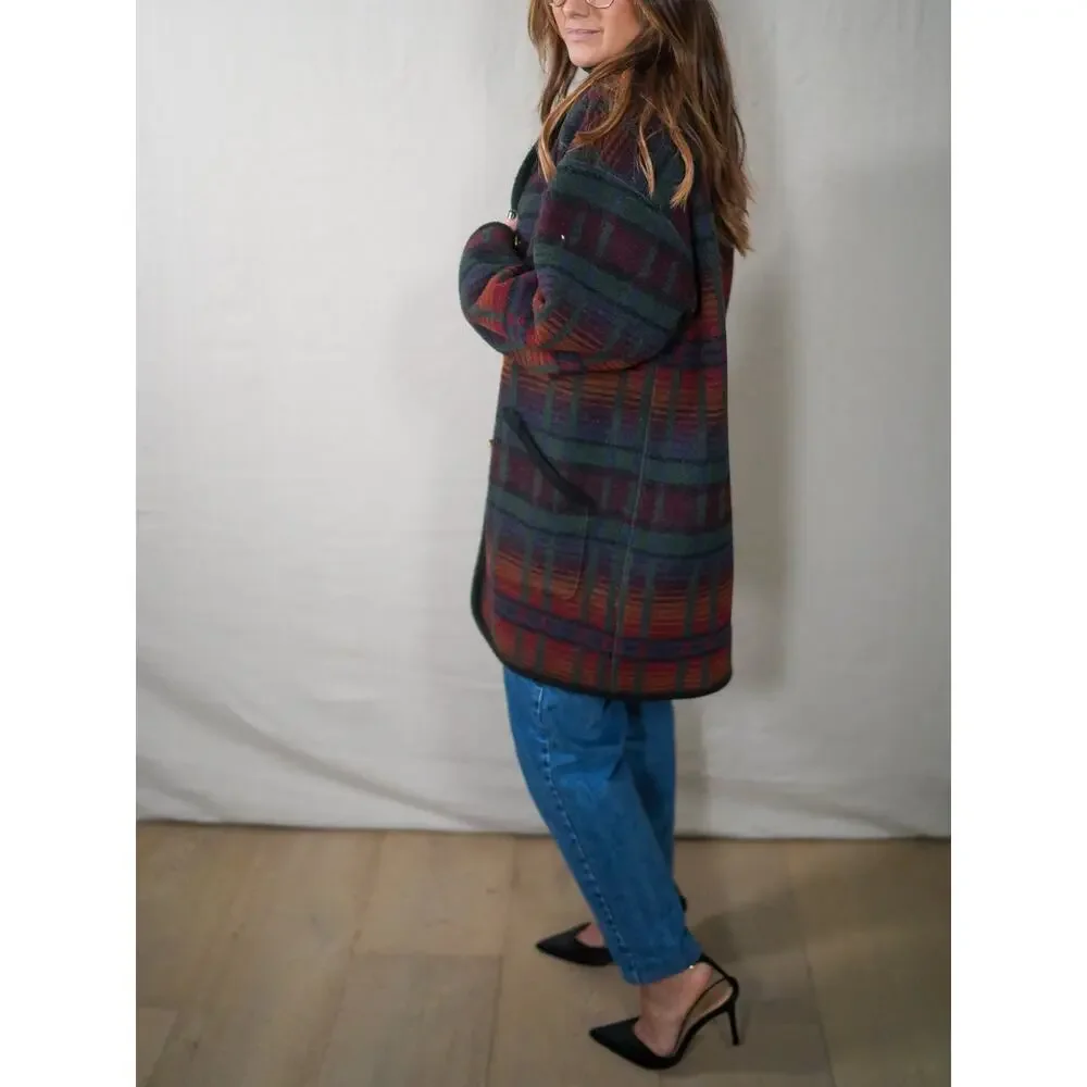 Vintage Oversized Plaid Wool Coat in Forest Green & Oxblood - Picture 6 of 10